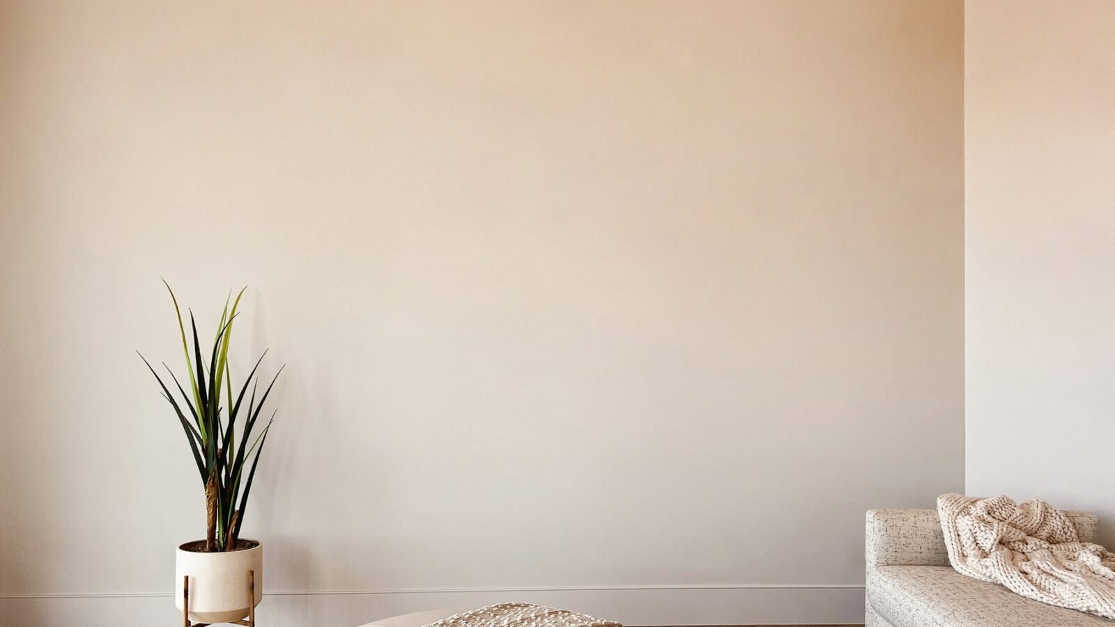 A living room furnished in creamy neutrals with a vase of flowers